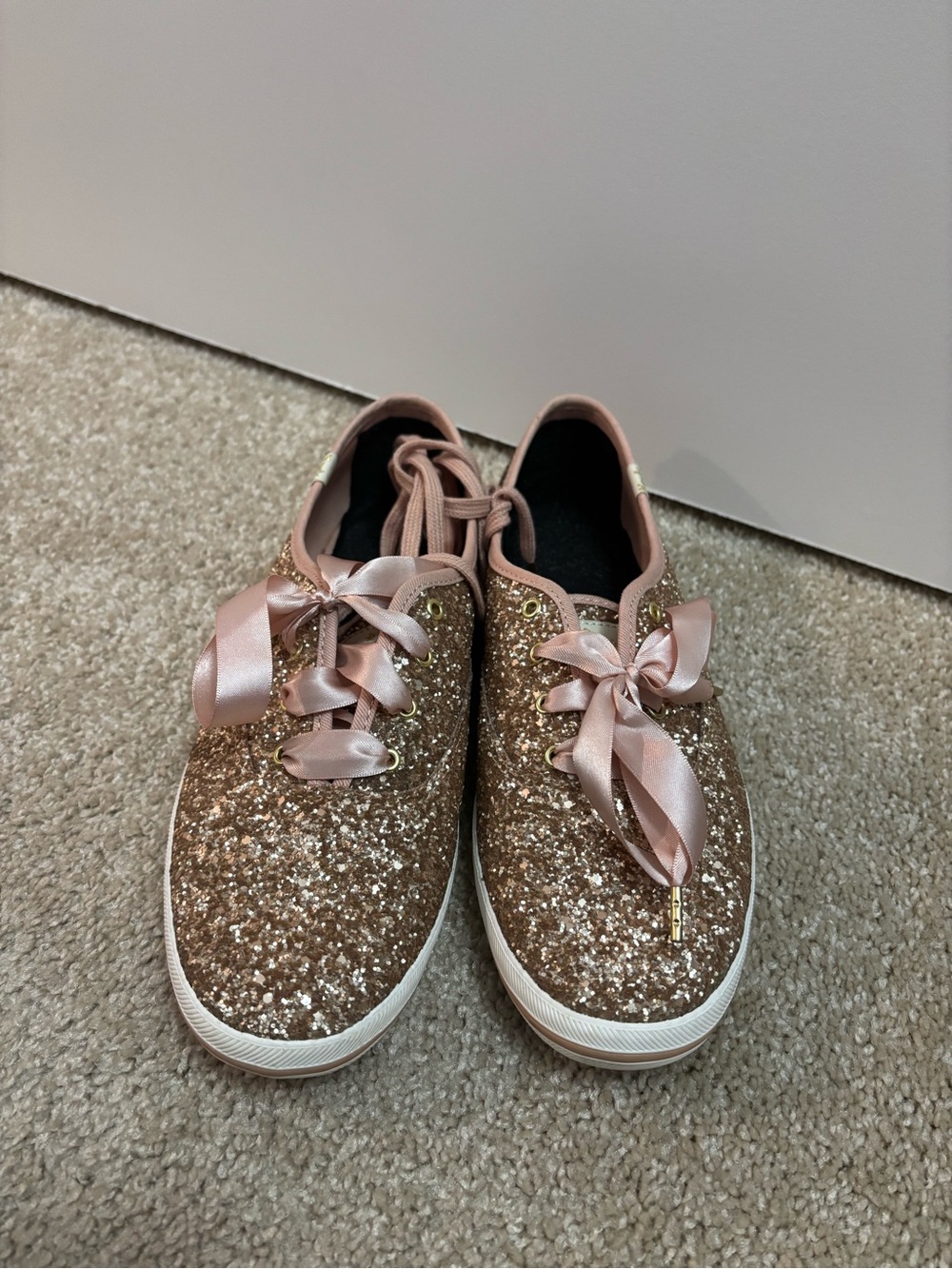 Glitter Low-Top Sneakers with Satin Ribbon Laces - Rose Gold